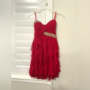 lily rose red dress with ruffled skirt and rhinestones